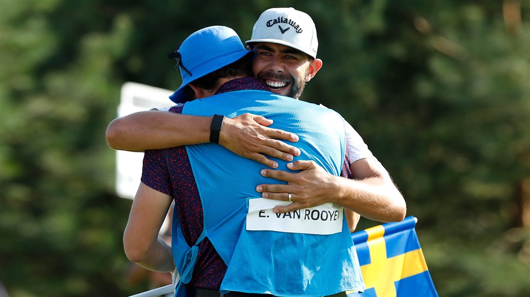 Erik van Rooyen celebrates with his caddie after holing the winning putt with his Pro V1 golf ball at the 2019 Scandinavian Invitation