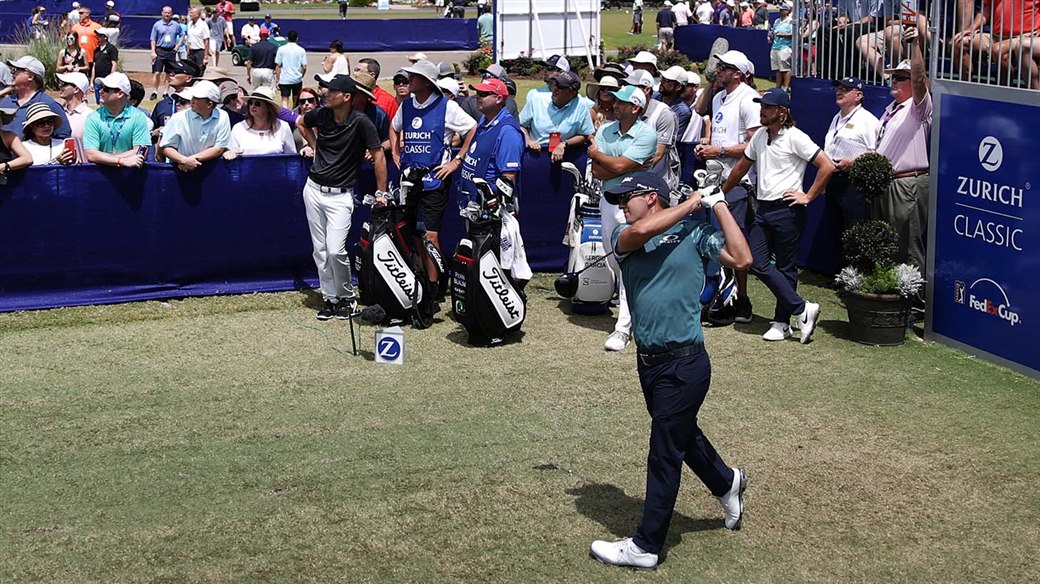Ryan Blaum hits a tee shot during action at the 2019 Zurich Classic of New Orleans